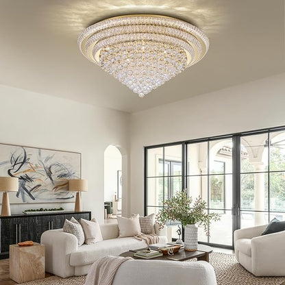 COCOSTAR 40" Gold Crystal Chandeliers, Flush Mount Chandelier LED Ceiling Light, Modern Crystal Raindrop Chandeliers for Dining Room, Living Room, Bedroom