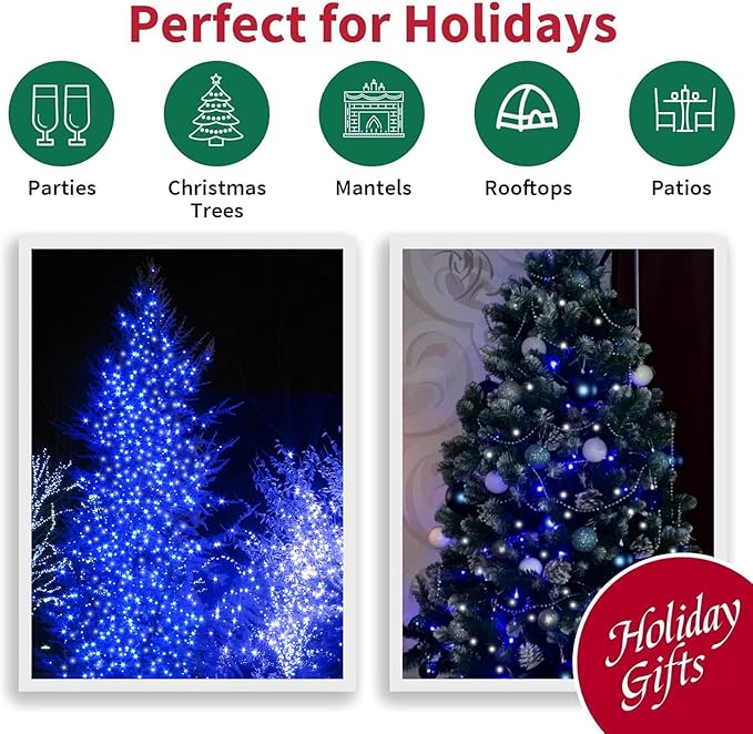LAMPHOME 99FT 300 LED Blue White String Lights, 16 Modes Plug In Mini Fairy Lights, Waterproof Outdoor Christmas Lights for Hanukkah Xmas Tree Garland Bedroom Ocean Party July 4th Patriotic Decoration