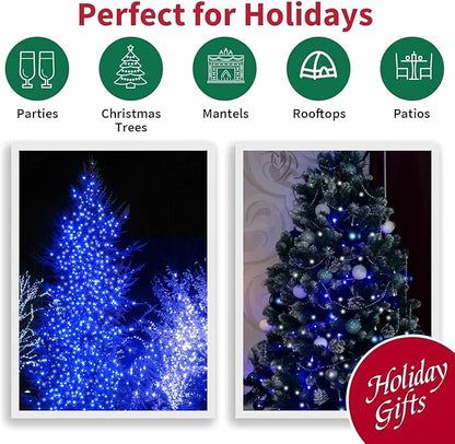 LAMPHOME 99FT 300 LED Blue White String Lights, 16 Modes Plug In Mini Fairy Lights, Waterproof Outdoor Christmas Lights for Hanukkah Xmas Tree Garland Bedroom Ocean Party July 4th Patriotic Decoration