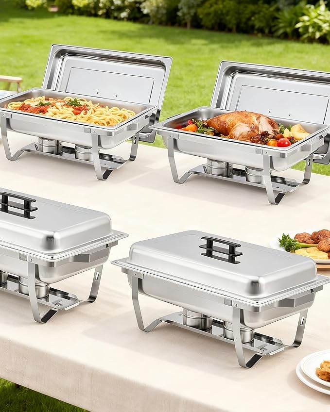 Garvee Chafing Dish Buffet Set 4 Pack, 8QT Buffet Servers and Warmers Set with Lid & Foldable Frame, Rectangular Stainless Steel Chafer Food Warmer for Parties Wedding Catering Supplies, Silver
