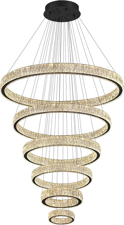 Extra Large 6 Ring Crystal Chandelier Modern LED Long Crystal Chandelier for High Ceiling Height Adjustable Black D8+15.7"+23.6"+31.5"+39.4"+47.5" Dimmable 2700K-6000K
