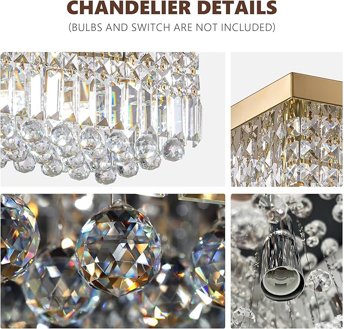 8-Light Gold Crystal Chandelier, Modern K9 Crystal Rectangle Chandelier for Dining Room Kitchen Island Hanging Pendant Light Fixture, L40 x W10 x H10