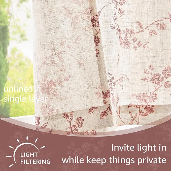 jinchan Floral Kitchen Curtains 24 Inch Linen Tier Curtains Farmhouse Cafe Half Window Drapes Over Sink Light Filtering for Living Room Laundry RV Rod Pocket 2 Panels Maroon Red on Beige