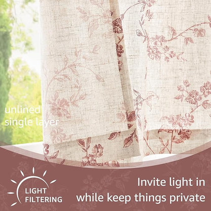 jinchan Floral Kitchen Curtains 24 Inch Linen Tier Curtains Farmhouse Cafe Half Window Drapes Over Sink Light Filtering for Living Room Laundry RV Rod Pocket 2 Panels Maroon Red on Beige