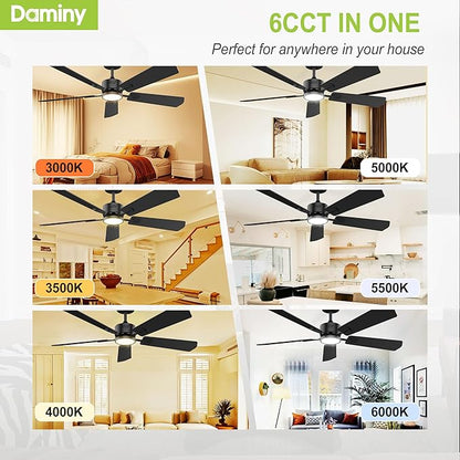 DAMINY 52 inch Ceiling Fan with Light,6CCT,5 Blade,Low Profile Ceiling Fan with Light and Remote Control,Downrods,Black,Living Room,Indoor/Outdoor Use