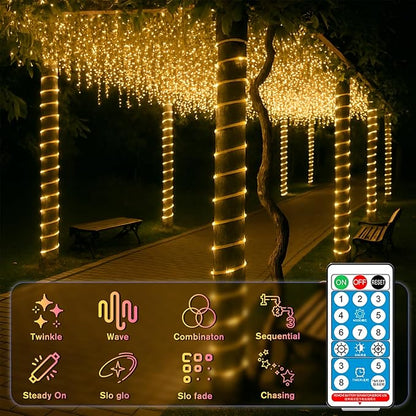 ANJAYLIA 66FT 200 LED Solar Rope Lights Outdoor Waterproof, Solar Powered Rope String Light with 8 Mode & Timer Remote, for Outdoor, Patio, Garden, Camping, Holiday & Christmas Décor Warm White