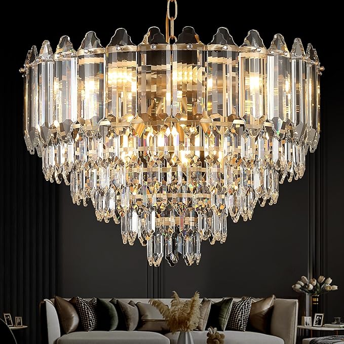 Gold Crystal Chandelier 24" 12 Lights K9 Crystal Modern Chandelier 6-Tier Luxury Pendant Lighting for Living Room Dining Room Bedroom Foyer Entryway, E12