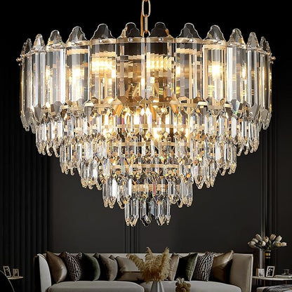 Gold Crystal Chandelier 24" 12 Lights K9 Crystal Modern Chandelier 6-Tier Luxury Pendant Lighting for Living Room Dining Room Bedroom Foyer Entryway, E12
