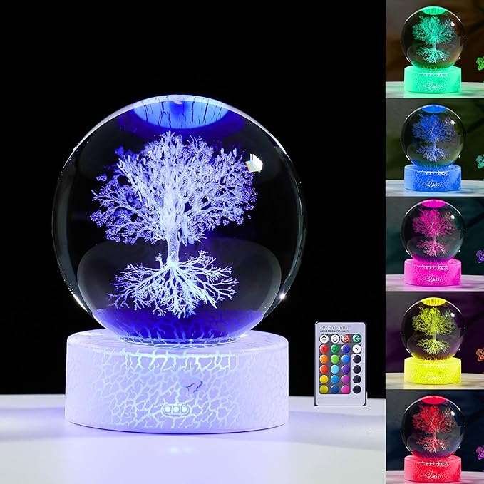 3D Tree of Life Gifts for Women - Crystals Ball Tree of Life Figurines Decor Glass Figurine Stuff for Room Birthday for Best Friend Lovers Keepsake Paperweight