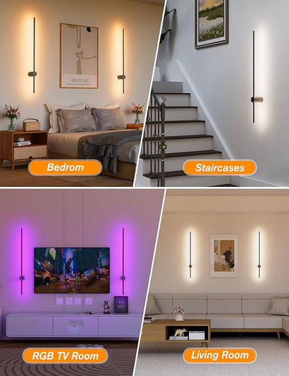 JOFIOS Battery Operated Wall Sconces Set of 2,10000mAh Rechargeable Wireless Sconces with Remote Control,Dimmable Wall Lamps with 7 Colors,23.6 Inch Modern Black Wall Lights for Bedroom, Living Room