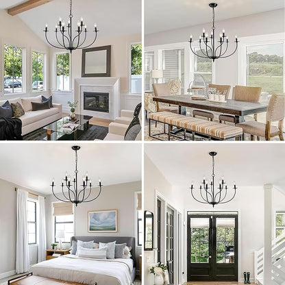 Black Chandelier, 9 Light Industrial Iron Farmhouse Chandeliers, 2-Tier Candle French Country Chandelier for Living Room Dining Room Bedroom Foyer