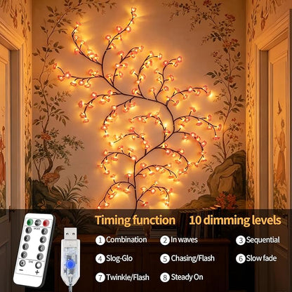 FNHMSL Cherry Enchanted Willow Vine Lights, 4FT 48LED Pink Cherry Blossom Tree Branch Lights for Wall, Remote Timer,8 Light Model,Bedroom Wall Doors Wedding, Christmas, USB Battery Box