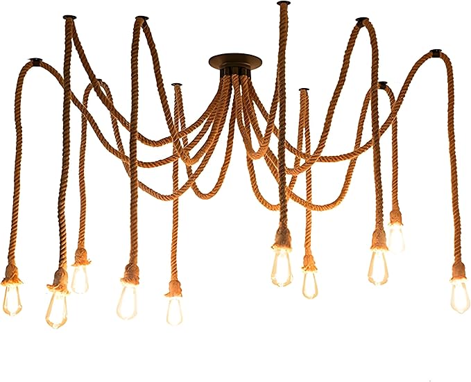 10 Head 2 Meter Vintage Hemp Rope Pendant Light Fixture E26/E27 Base, Vintage Ceiling Light Lamp,Retro Style for Dining Hall Restaurant Bar Lighting(Bulb not Included)