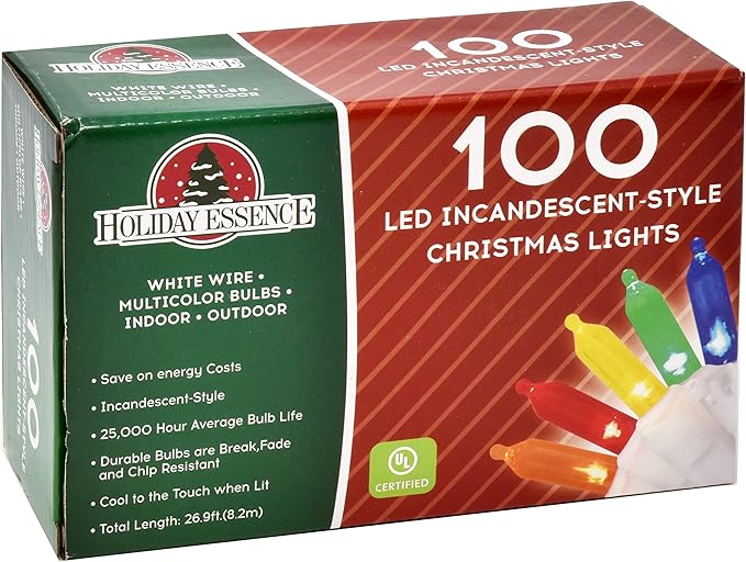 Holiday Essence 100 LED Multi Color Christmas String Lights Set, 26.9 Ft White Wire Indoor Outdoor Use Décor for Easter Wedding Bedroom Home Christmas Tree Traditional Decoration, UL Certified