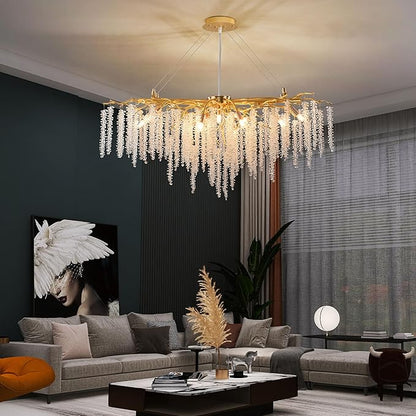 Modern Crystal Tree Branch Chandelier, Gold Linear Art Deco Raindrop Indoor Hanging Pendant Light Fixture for Dining Room Kitchen Island Living Room Bedroom 13 Lights L40''