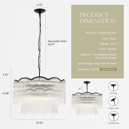 22.83" Black Clear Glass Crystal Chandelier 8-Light Modern Crystal Pendant Ceiling Light Fixture 2-Tier Luxury Glass Chandeliers,for Dining Room Kitchen Island Living Room Bedroom