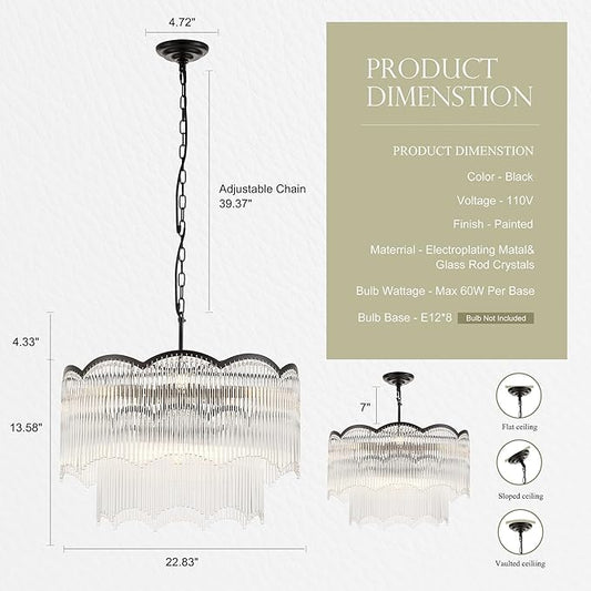 22.83" Black Clear Glass Crystal Chandelier 8-Light Modern Crystal Pendant Ceiling Light Fixture 2-Tier Luxury Glass Chandeliers,for Dining Room Kitchen Island Living Room Bedroom