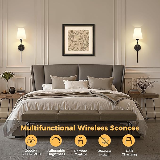 DORESshop Battery Operated Wall Sconce Set of 2, Wireless Wall Light Easy to Install, 15 Color Rechargeable Wall Sconces, Sconce Wall Decor Set of 2 for Bedroom, Living Room, Black, 24.6in