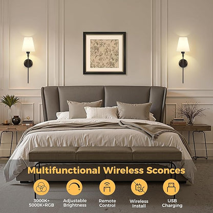 DORESshop Battery Operated Wall Sconce Set of 2, Wireless Wall Light Easy to Install, 15 Color Rechargeable Wall Sconces, Sconce Wall Decor Set of 2 for Bedroom, Living Room, Black, 24.6in