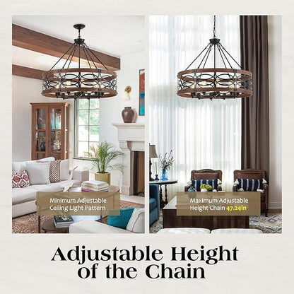 10-Light Farmhouse Drum Wood Pendant Light,32.24'' Vintage Rustic Brown Oak Wood Chandeliers,Retro Industrial Hanging Light Fixtures for Dining Room Entryway, Bedroom