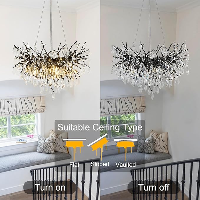 Crystal Chandelier for Dining Room, 24" Black Modern Living Room Light Fixture, Tree Branch Chandeliers with 8-Light, Round Chandelier for Dining Table, Bedroom, Entryway, Bathroom, Foyer