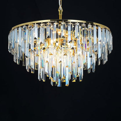 Gold Crystal Chandelier for Dining Room, 24" Modern Round Top K9 Crystal Chandeliers 5-Tier 8 Lights Adjustable Ceiling Hanging Pendant Light Fixture for Living Room Bedroom Foyer