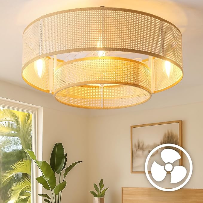 20'' Caged Ceiling Fans with Lights, Boho Flush Mount Ceiling Fan with Light, Rattan Bladeless with 6 Speeds, Low Profile Remote Control for Bedroom,Dining Room