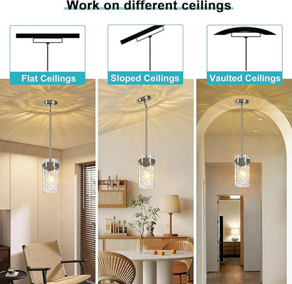 Hammered Glass Pendant Lighting for Kitchen Island 2 Pack, Modern Brushed Nickel Pendant Light Fixtures 4.72", Adjustable Ceiling Pendant Light for Kitchen Island Dining Room Hallway