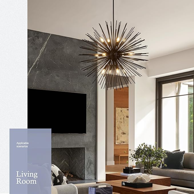 31.5" 12-Light Black Sputnik Chandelier Modern Industrial Foyer Light Fixtures, Adjustable Firework Globe Ceiling Fixture for Living Room, Entryway, Dining, Bedroom, Hallway, Stairway