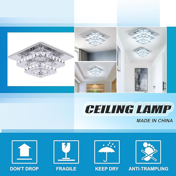 FRIXCHUR Crystal Ceiling Light Square Chandelier Modern LED Flush Mount 2 Layers Ceiling Lamp Lighting Fixture for Dining Room Living Room Bedrooms Kitchen Hallway Foyer (Cool White)