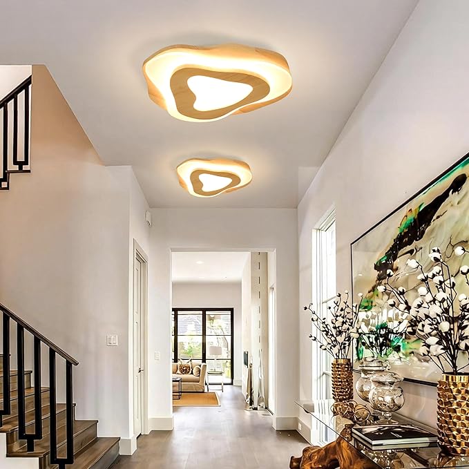Littleglovo 15.7" Modern Flush Mount LED Chandelier for Dining Room, Dimmable Natural Wood Petal Energy Chandeliers Ceiling Light for Entryway Bedroom Foyer Kitchen Living Room Bathroom