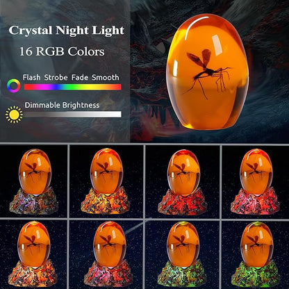 Jurassic 3D Mosquito in Amber Resin, Mosquito Resin with Volcanic Lava Lamp Base with Remote 16 Colors Flashing RGB Dimmable, True 3D 3.3 Inches Tall Dinosaur DNA Replica Paper Weight Gifts