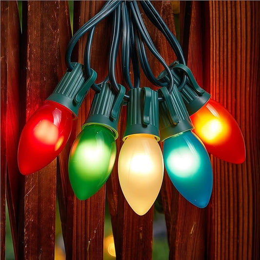 Moonflor C9 Christmas Lights Outdoor, 100Feet Vintage Christmas String Lights with 100 Bulbs, Connectable Waterproof Lights for Holiday Party Roofline Backyard Garden Patio, Green Wire (Warm White)