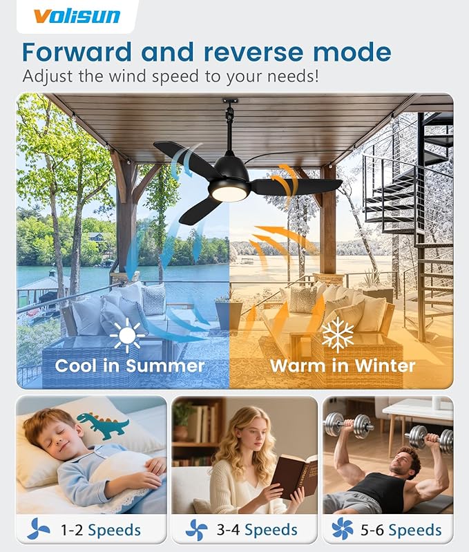 VOLISUN Outdoor Ceiling Fans with Light for Patios, 42in Weatherproof Plug in Ceiling Fan, 3CCT Dimmable Gazebo Fan Remote&APP Control, Black Caged Ceiling Fan for Porch, Pergola,Canopy,Pavilion