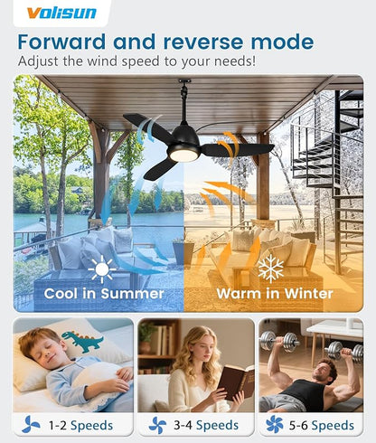 VOLISUN Outdoor Ceiling Fans with Light for Patios, 42in Weatherproof Plug in Ceiling Fan, 3CCT Dimmable Gazebo Fan Remote&APP Control, Black Caged Ceiling Fan for Porch, Pergola,Canopy,Pavilion