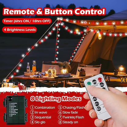 RECESKY C7 Bulbs Christmas String Lights with Remote - 50 LED 26ft Battery String Lights - Fairy Christmas Lighting for Garden Decor Bedroom Porch Xmas Ornament Christmas Decorations - Red White
