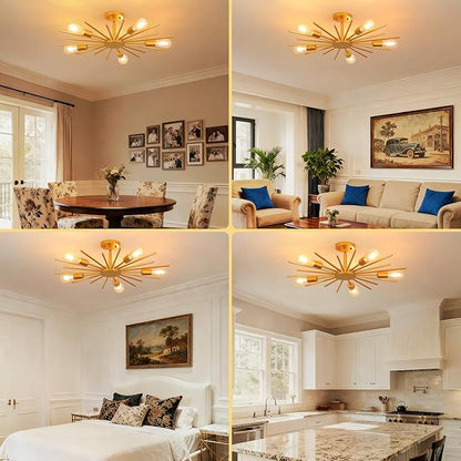 Gold Semi Flush Mount Ceiling Light, 27.5 Inch 5-Light Large Sputnik Flush Mount Light Fixtures, Modern Mid Century Sloped Ceiling Lighting for Kitche n, Entryway, Bedroom, Living Room