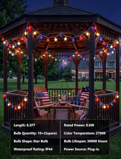 LED Red White Blue Star String Lights Plug in, 8.5Ft 4th of July Decorations Lights with 10 LED Star Light, Hanging Patriotic Outdoor Lights for Independence Day Window Home Patio Party Garden Decor