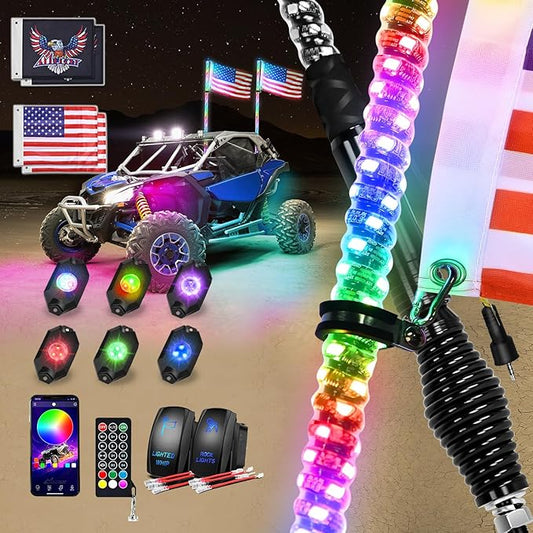 Nilight 2PCS 3FT RGB LED Whip Light with Spring Base and 6 PCS Rock Lights Combo, Remote App Control w/DIY Chasing Patterns Turn Signal Brake Reverse Antenna Lighted Whips for ATV UTV Polaris RZR Jeep