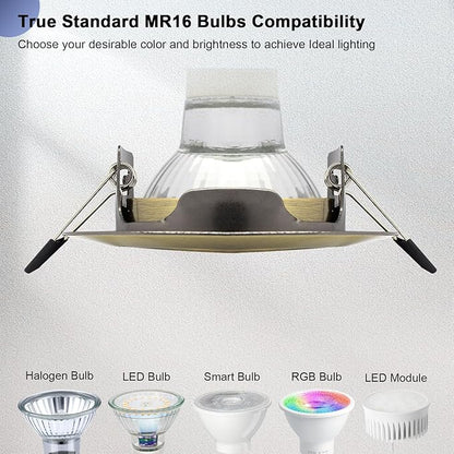 6 Pack Recessed Ceiling Downlight Fitting, Metal Downlight Frame for MR16 GU5.3 Bulbs, Adjustable Holder Applies to Artwork Cabinet, Antique Brass