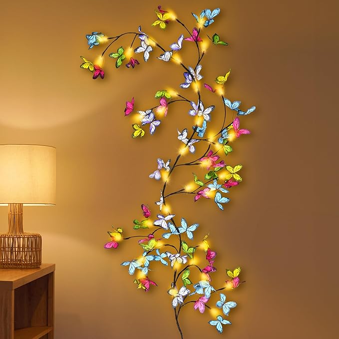 Bexdir Lighted Willow Vine 6FT, Enchanted Willow Vine Lights Battery Operated with Butterfly Decoration Plug in, Vine Lights for Wall Chirstmas Holiday Fireplace Decor