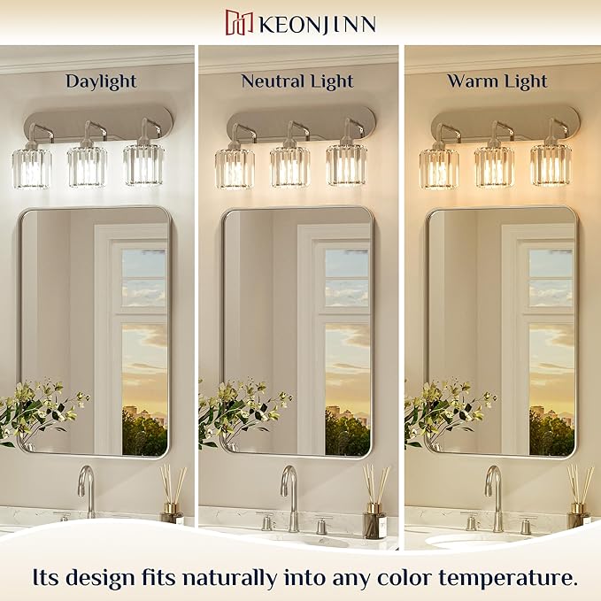 Keonjinn 6-Light Bathroom Light Fixtures, Crystal Chrome Bathroom Vanity Lights Over Mirror, Vanity Lighting Fixtures with Crystal Square Shades (E26 Socket, Exclude Bulb)