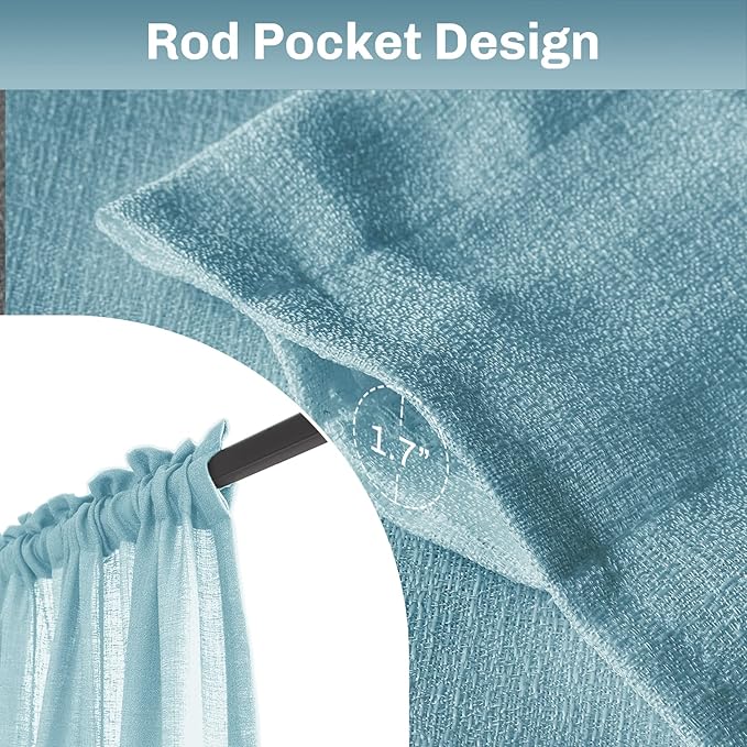 Melodieux Blue Semi Sheer Tier Curtains 36 Inch Length for Kitchen Cafe Bedroom Small Windows, Linen Look Rod Pocket Short Curtain Tiers Voile Drapes, 2 Panels