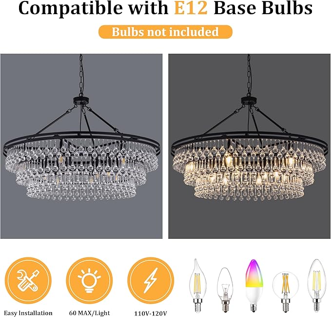 Wellmet Large Black Farmhouse Chandelier, 38in Round Modern Crystal Teardrop Chandelier for Dining Room, Bedroom, Kitchen, Hallway, Closet, Living Room
