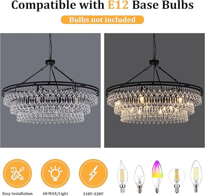 Wellmet Large Black Farmhouse Chandelier, 38in Round Modern Crystal Teardrop Chandelier for Dining Room, Bedroom, Kitchen, Hallway, Closet, Living Room