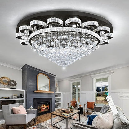HAIXIANG Modern Chandelier Living Room Light Large Luxury Chandeliers for High Ceiling Foyer Entryway Lights Dimmable 110W LEDs Crystal Black Lighting Fixtures