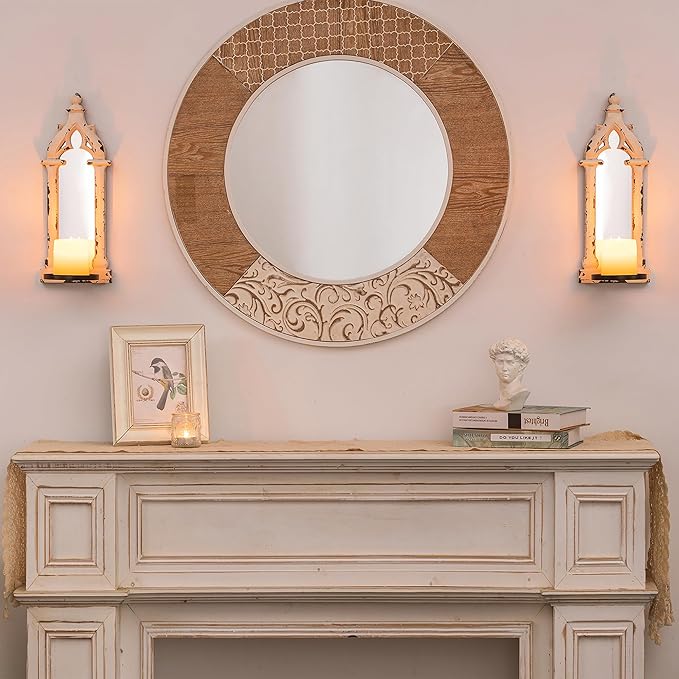 Farmhouse Mirror Wall Candle Sconces Set of 2 - Shabby Chic Decor Rustic Candle Holder French for Bathroom Living Room Mirrored Sconce