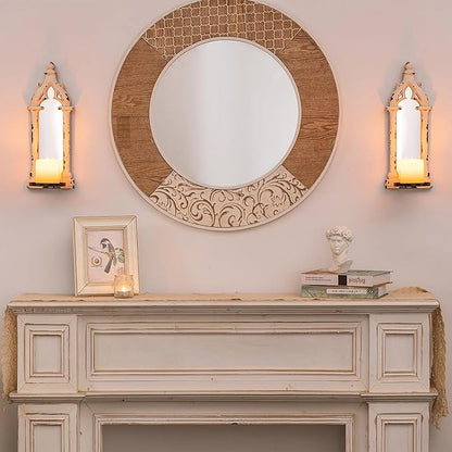 Farmhouse Mirror Wall Candle Sconces Set of 2 - Shabby Chic Decor Rustic Candle Holder French for Bathroom Living Room Mirrored Sconce