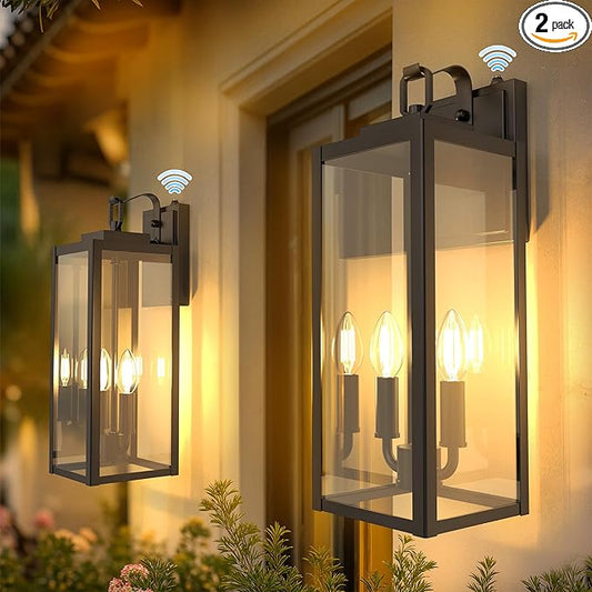 DORESshop 18 Inch Dusk to Dawn Outdoor Wall Lights, 2-Light Black Outdoor Wall Sconce Lantern with Clear Glass Shade, Tall Transitional Exterior Light Fixtures for Porch, Garage, ETL Listed, 2 Pack