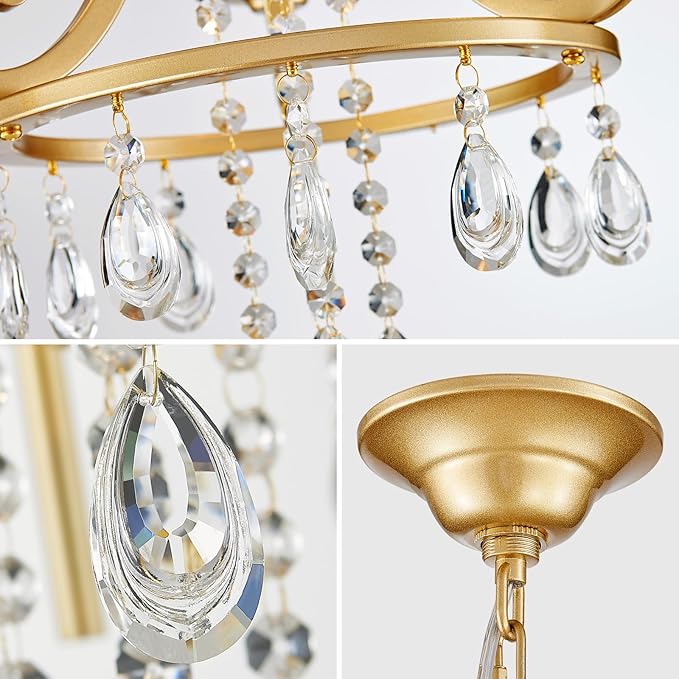 Small Crystal Chandelier, 3-Lights Modern Crystal Chandeliers for Dinning Room, Wagon Wheel Gold Chandelier, Farmhouse Hanging Pendant Light Fixture for Bedroom Hallway Entryway Bar Kitchen Bathroom